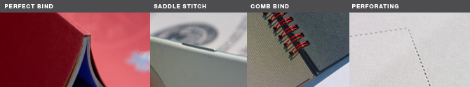 saddle stitch, perfect bind, comb bind, perforating