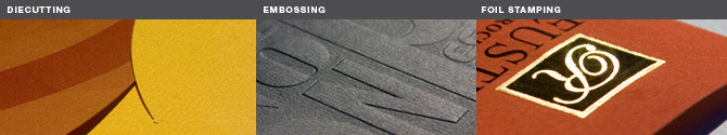 emboss, blind emboss, foil stamping, diecut, diecutting, finishing, print technique
